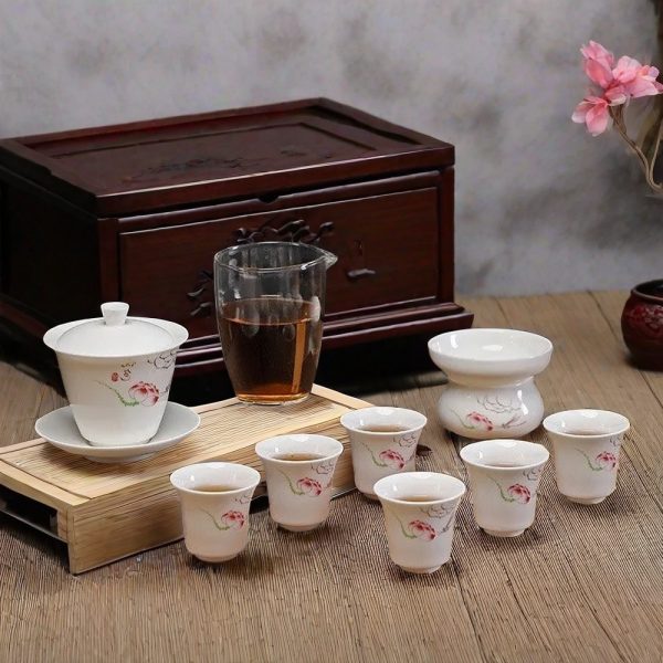 Suet White Jade Porcelain Chinese Gongfu Tea Set
