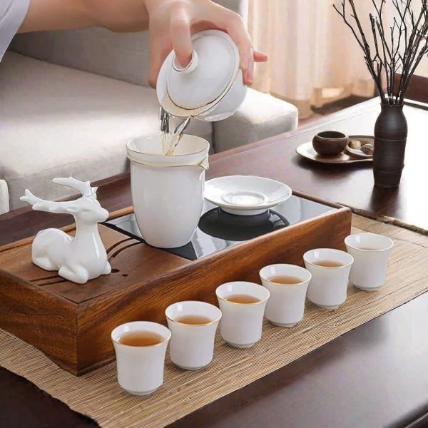 Suet White Jade Porcelain Gongfu Tea Set With Gold Rim