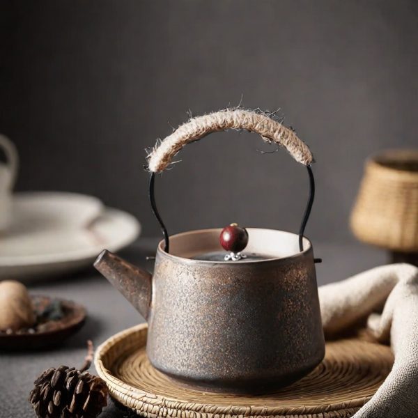 Ceramic Loop-handled Japanese Teapot With Rust Glaze