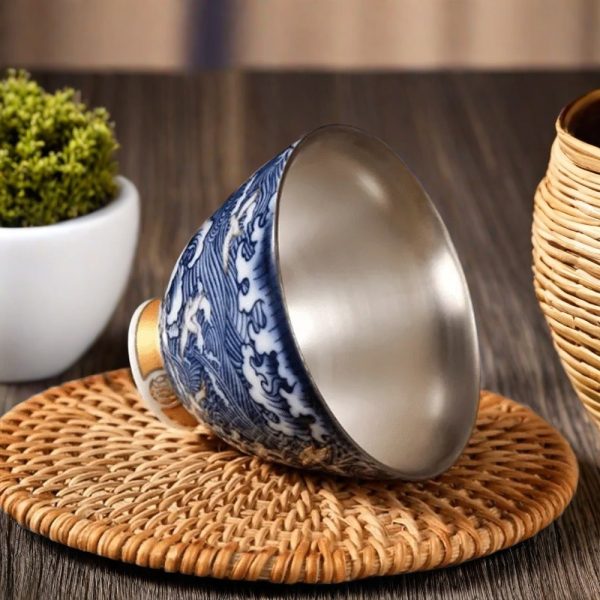 Wave Themed Chinese Tea Cup With Silver Glaze