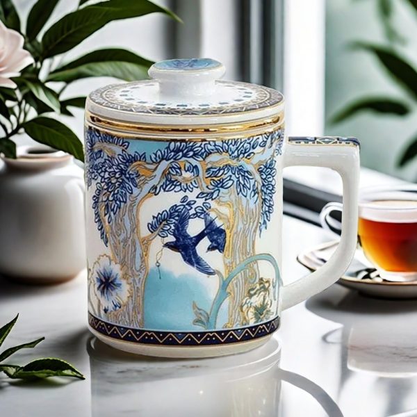 Gold Glazed Bone China Bird Pattern Chinese Tea Cup