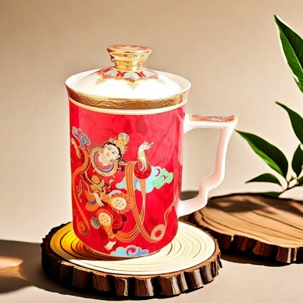 Gold Glazed Bone China Chinese God Pattern Tea Cup