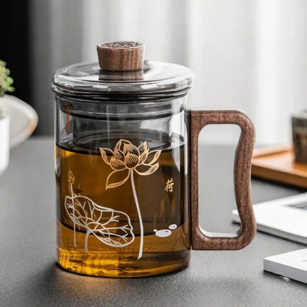 Borosilicate Glass Tea Cup With Lotus Flower Pattern