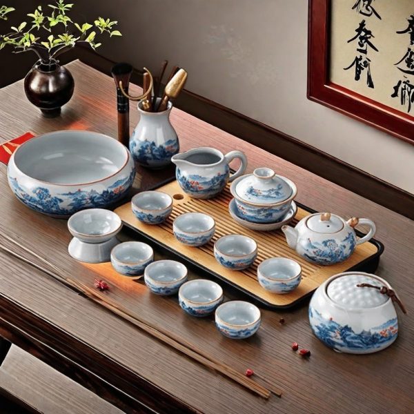 Ru Kiln Cracked Gongfu Tea Set With Chinese Painting Pattern