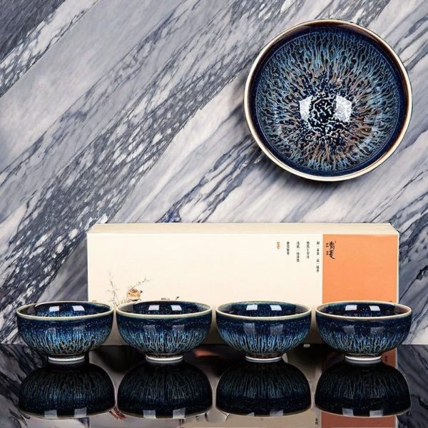 Temmoku Glaze Jianzhan Tea Bowl As Gift Box Of Four Cups