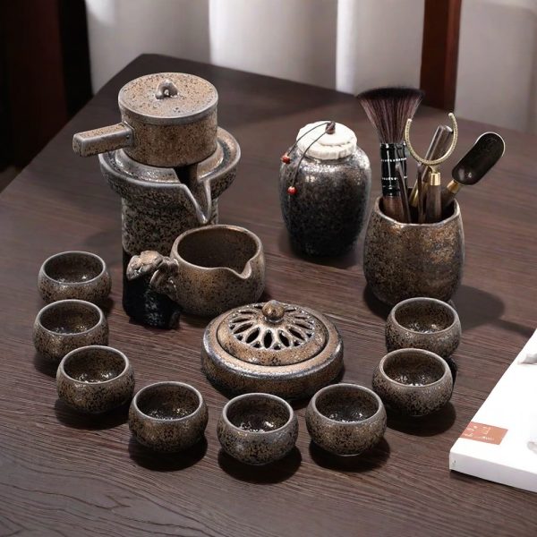 Ceramic Automatic Lazy Tea Set With Dark Yellow Glaze