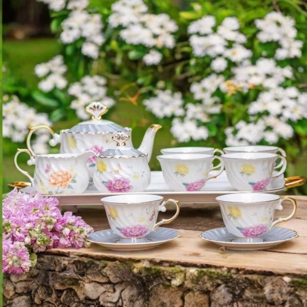 24k Gold Edge Bone-china Vintage Tea Set With Peony Flower Pattern