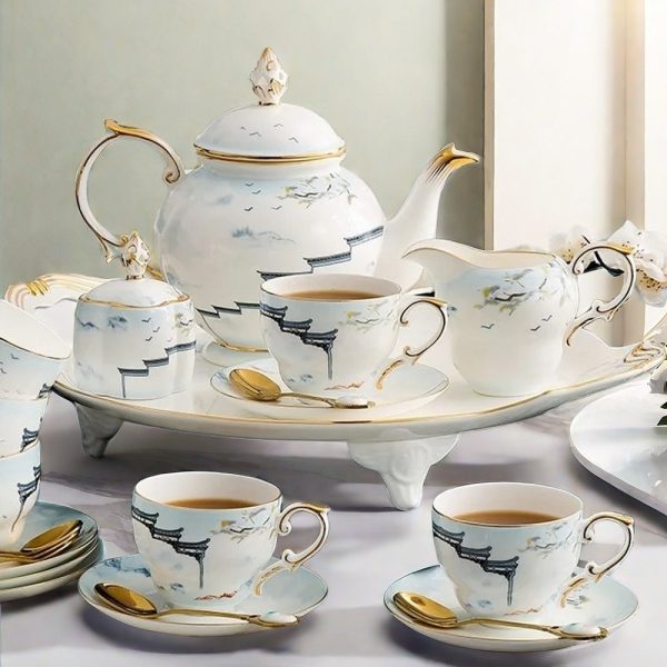 24k Gold Edge Bone Chinese Gangnam Style Vintage Tea Set