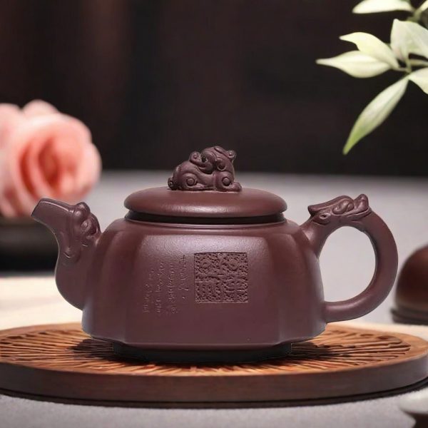 Purple Clay Square Yixing Teapot With Dragon Shaped Pot Handle And Pixiu Pot Button