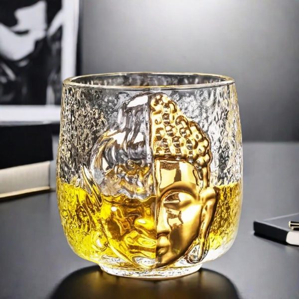 Buddha Or Evil Pattern Glass Tea Cup With Golden Glaze
