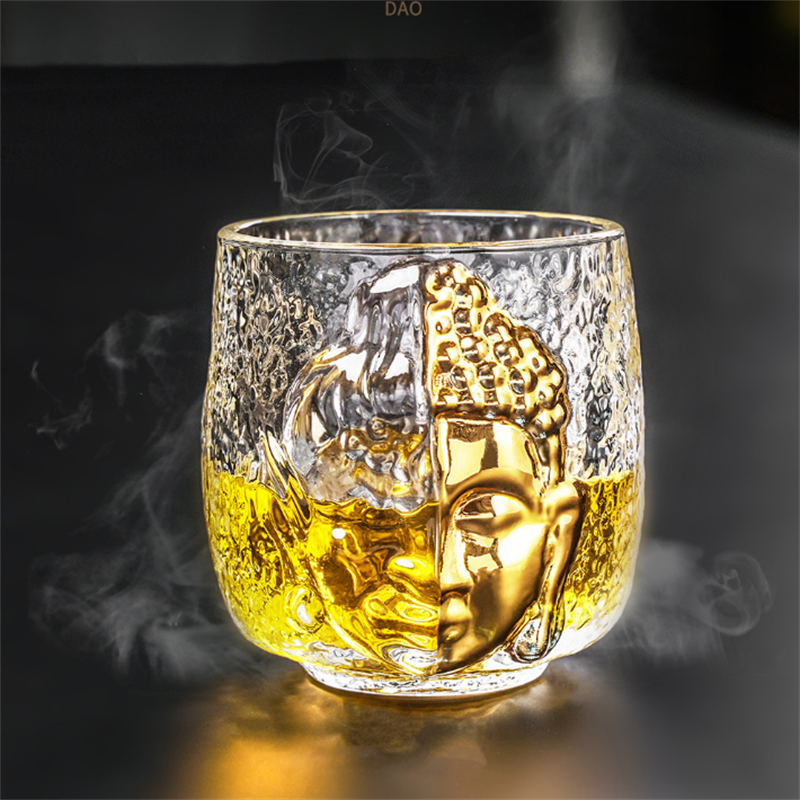 Buddha or Evil Pattern Glass Cup With Golden Glaze2 Buddha or Evil Pattern Glass Cup With Golden Glaze2