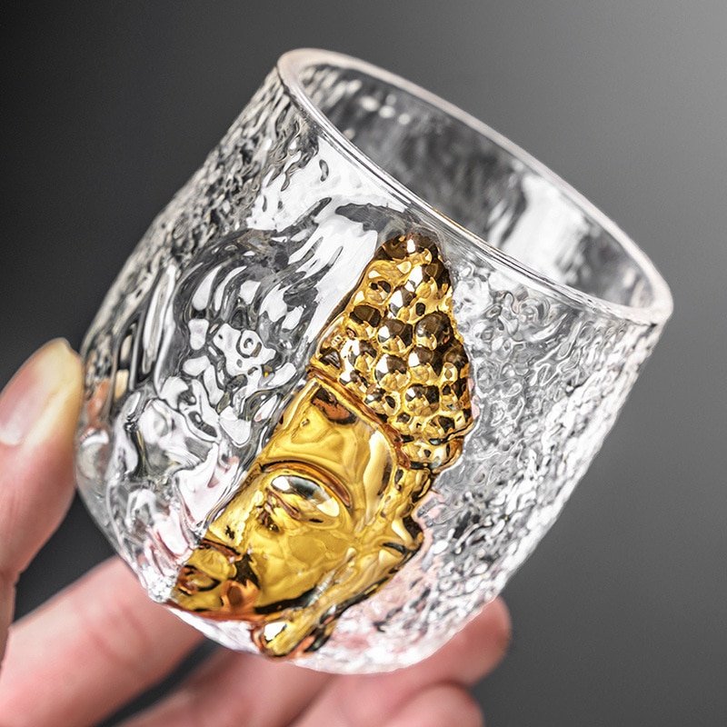 Buddha or Evil Pattern Glass Cup With Golden Glaze6 Buddha or Evil Pattern Glass Cup With Golden Glaze6