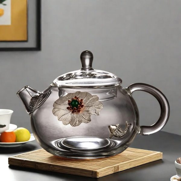 Silver-inlaid Lotus Pattern Xishi Glass Teapot