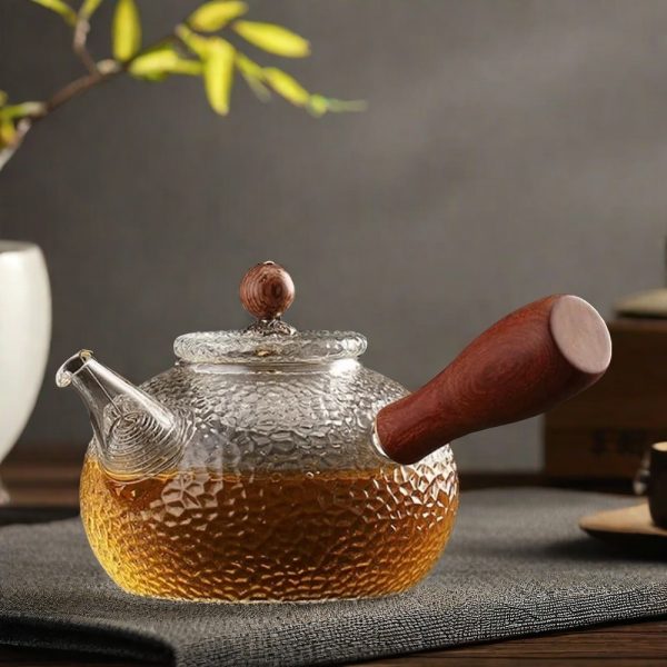 Wooden Side Handle Borosilicate Glass Teapot