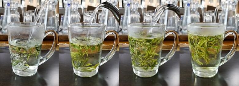 A Picture Shows changes when First-grade Pre-Grain Rain Longjing Tea is Brewed
