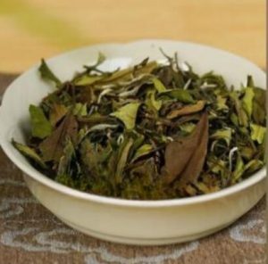 leaves of new shou mei white tea in a cup