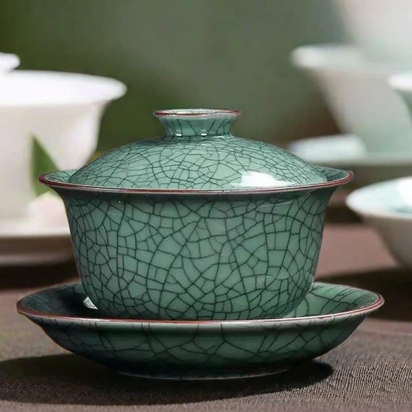 Classic Longquan Crackle Glaze Celadon Porcelain Gaiwan Tea Set