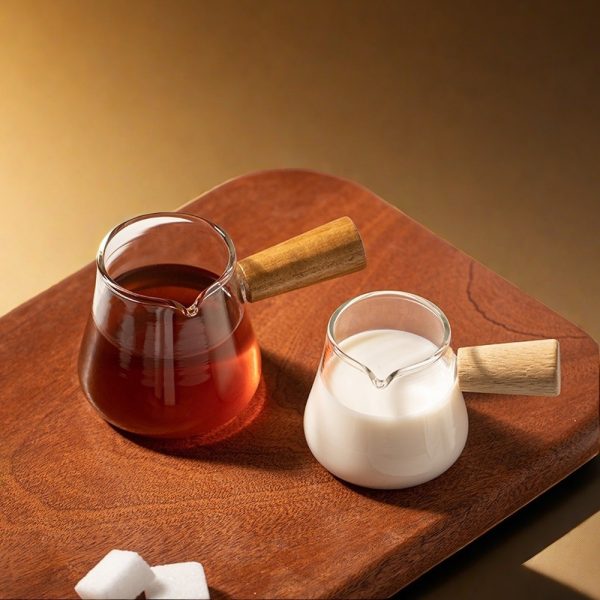 Minimalist Glass Espresso Tea And Milk Pitcher With Wooden Handle
