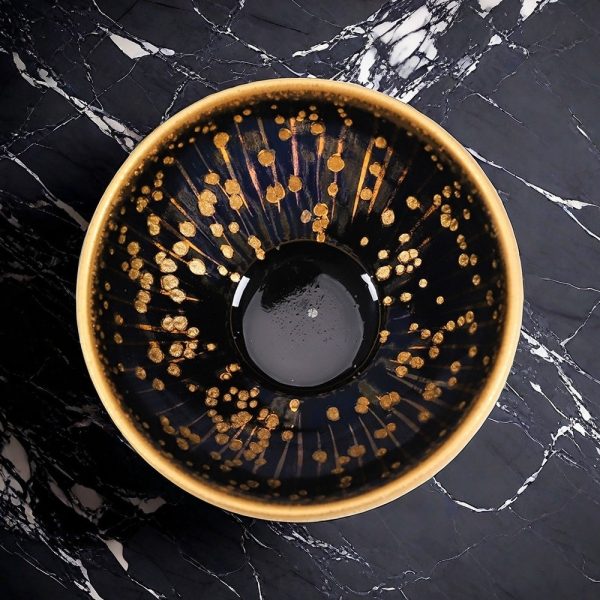 24k Gold Imperial Midnight: Handcrafted Jian Zhan Tea Cup With Golden Celestial Splatters