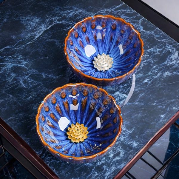 Imperial Azure Bloom: Handmade Ceramic Jianzhan Tea Cup With Silver And Gold Inlay