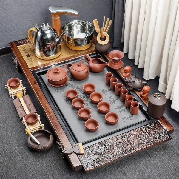 Red Clay Yixing Purple Clay Gongfu Tea Set With Dragon Pattern Tea Tray