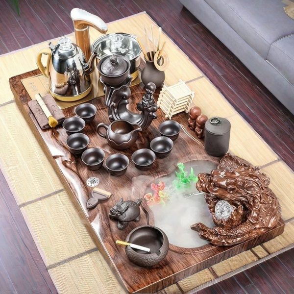Purple Clay Gongfu Tea Set With Carved Dragon Flowing Water Tea Tray