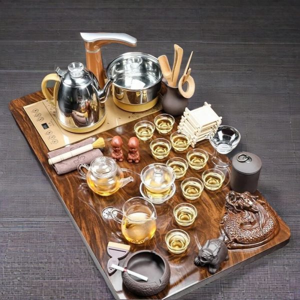 Embossed Cracked Ceramic Kung Fu Tea Set With Flowing Water Tea Tray
