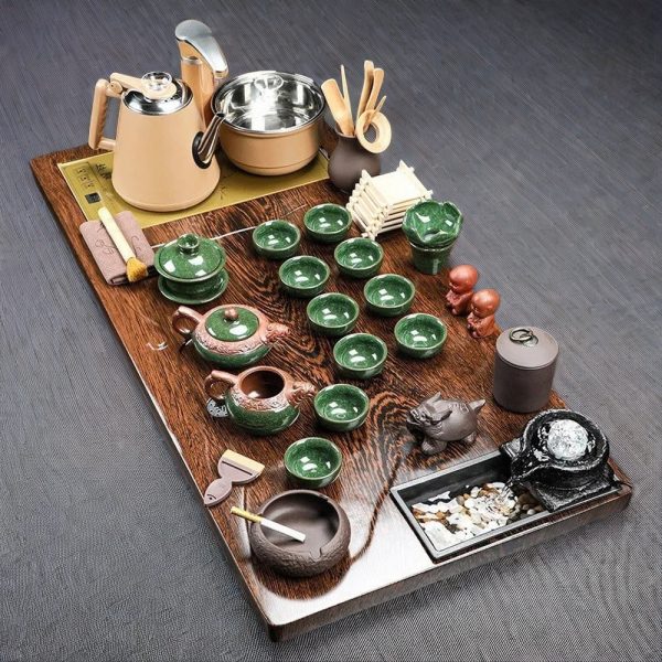 Embossed Cracked Ceramic Kung Fu Tea Set With Flowing Water Tea Tray