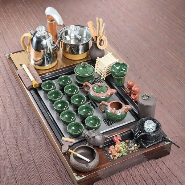 Embossed Cracked Ceramic Kung Fu Tea Set With Flowing Water Tea Tray