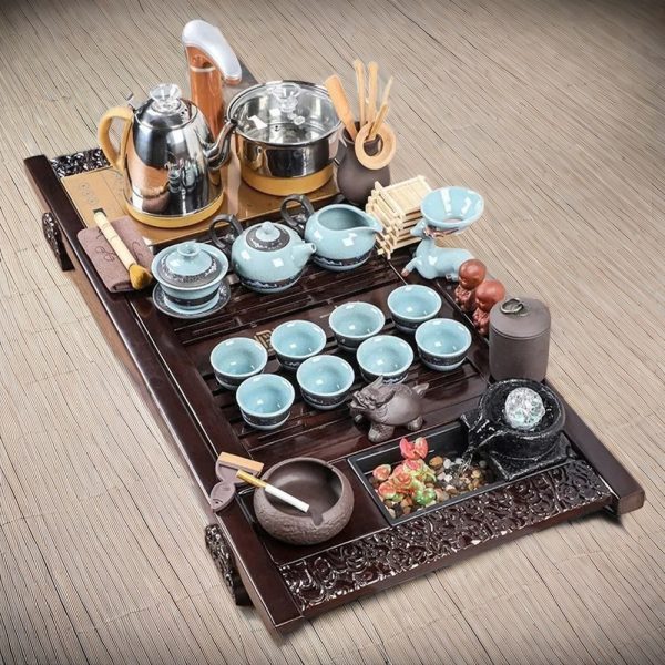 Embossed Cracked Ceramic Kung Fu Tea Set With Flowing Water Tea Tray
