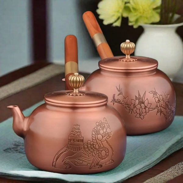 Antique Flower And Foo Dog Copper Tea Kettles With Side Wooden Handle