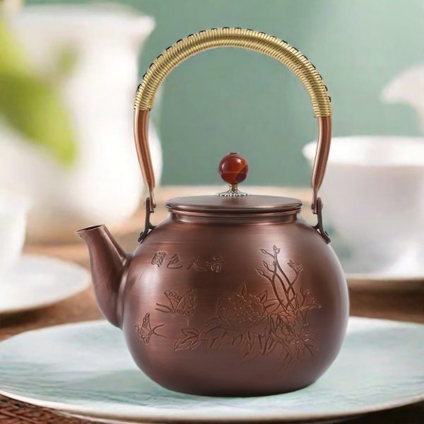 Antique Handmade Copper Tea Kettle With Wooden Handle