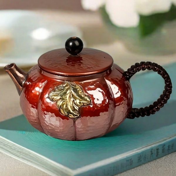 Antique Gilded Golden Leaf Pumpkin Shaped Copper Tea Kettle