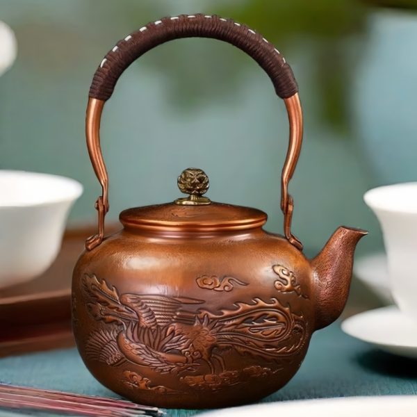 Antique Hand Carved Dragon And Phoenix Pattern Copper Tea Kettle