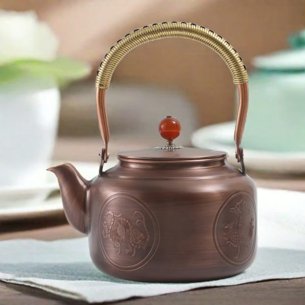 Antique Hand Carved Four Auspicious Beasts Copper Teapot Kettle