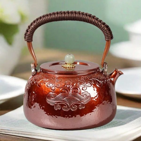 Antique Hand Carved Wavy Pattern Copper Teapot For Sale