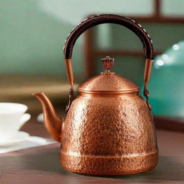 Antique Handmade Copper Tea Kettle With Wooden Handle