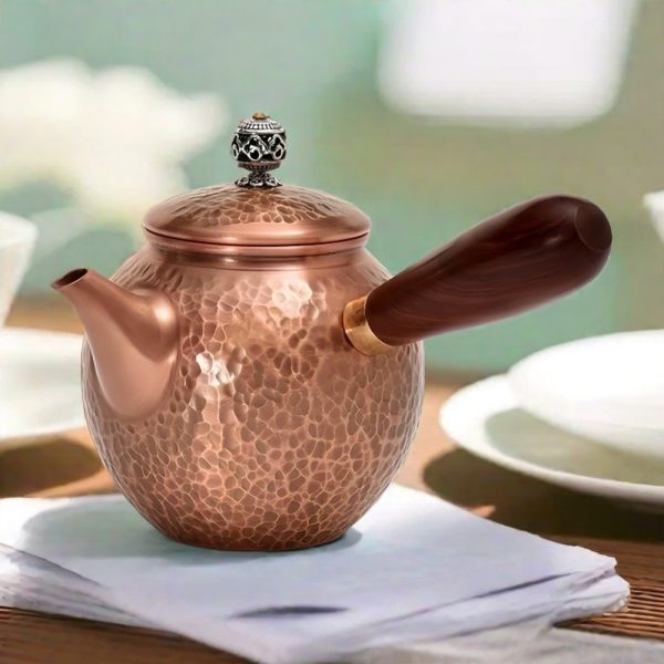 Antique Handmade Copper Tea Kettle With Wooden Handle