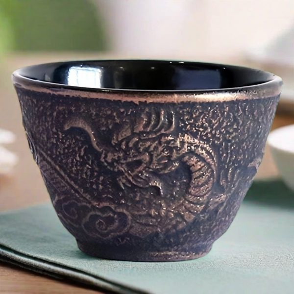 Antique Plum And Dragon Pattern Black Gold Enamel Cast Iron Tea Cups