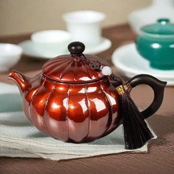 Antique Pumpkin Shaped Copper Tea Kettle With Wooden Handle And Tassel