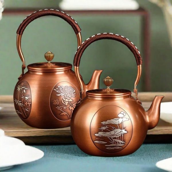 Antique Silver Gilded Lotus And Plum Pattern Copper Tea Kettle