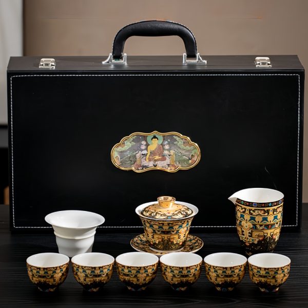 6.08fl Oz/180ml Tibetan Art Thangka Painting Ceramic Gaiwan Tea Set With Hover Lid