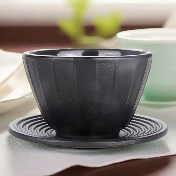 Authentic Vertical Stripes Pattern Cast Iron Tea Cup With Saucer