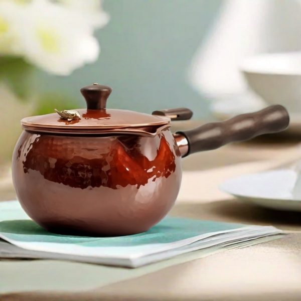 Authentic Vintage Gilded Goldfish Copper Tea Kettle With Wooden Side Handle