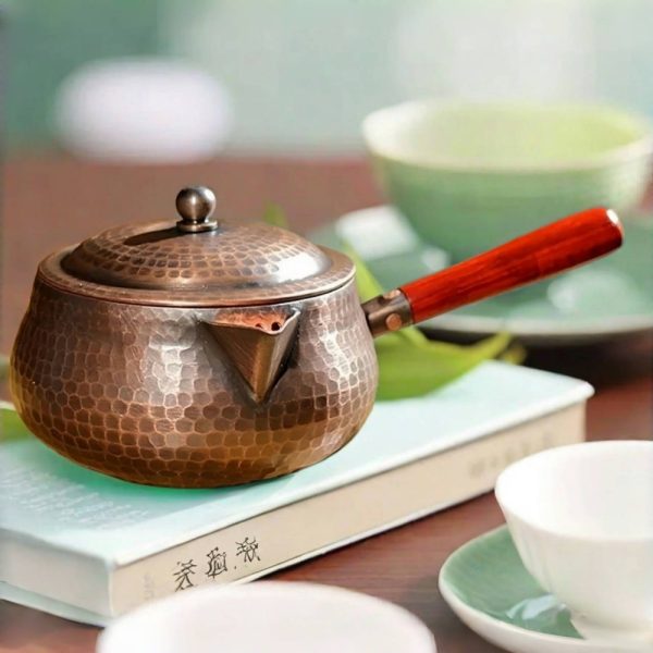 Authentic Vintage Hammered Copper Tea Kettle With Side Wood Handle