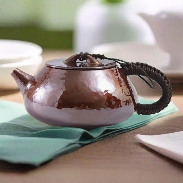 Antique Handmade Copper Tea Kettle With Wooden Handle