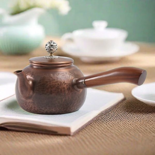 Authentic Vintage Solid Copper Tea Kettle With Side Wood Handle