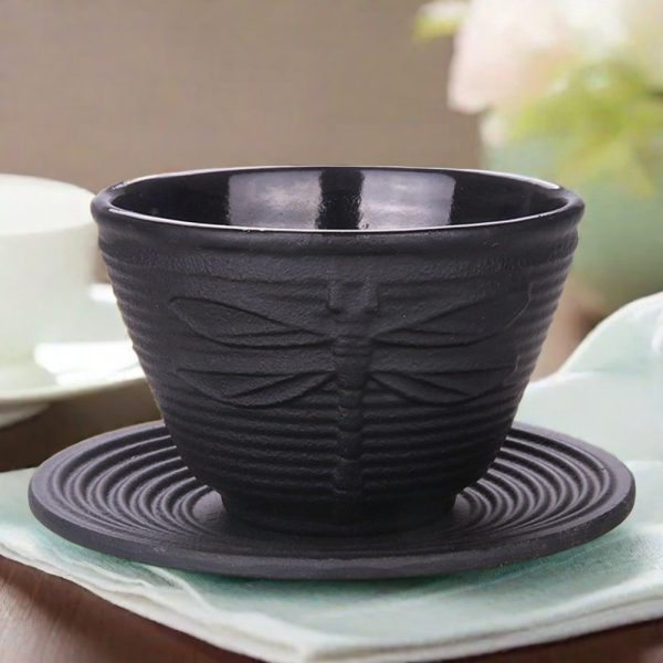 Best Antique Black Dragonfly Pattern Cast Iron Tea Mug With Saucer
