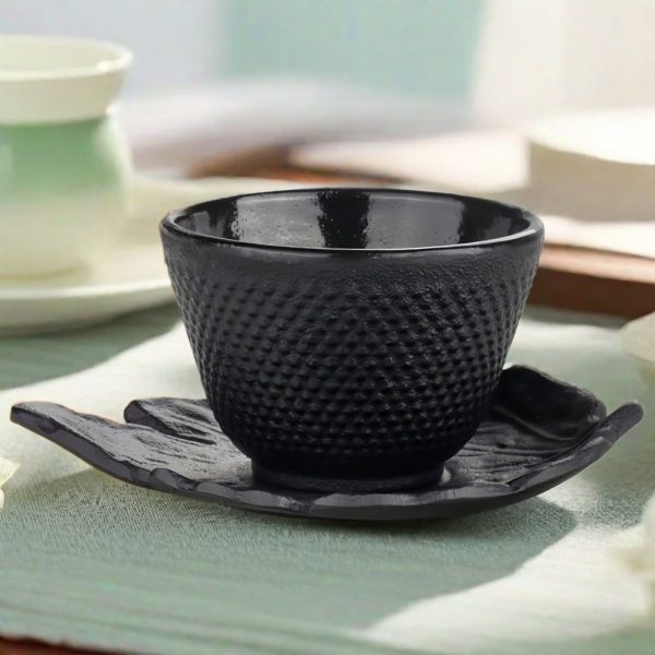 2.2 Fl Oz/65 Ml Black Particle Cast Iron Tea Cup With Saucer