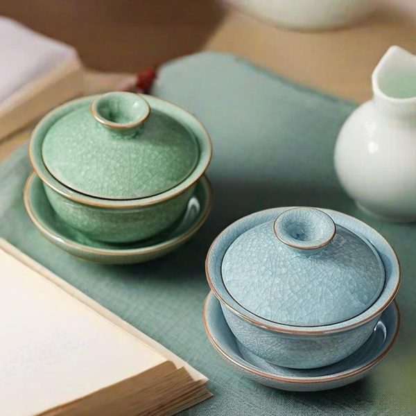 Blue And Green Ru Kiln Ice Crackle Glaze Porcelain Gaiwan Tea Cups